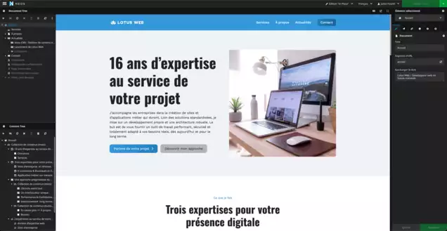 L'interface d'un site web présente une page consacrée aux services numériques, sur laquelle figure le texte « 16 ans d'expertise au service de votre projet » à côté d'une image représentant un espace de travail.