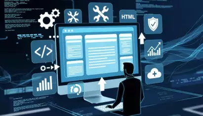 La silhouette d'une personne devant un ordinateur, entour&eacute;e d'ic&ocirc;nes num&eacute;riques, notamment des rouages, des graphiques et du code, symbolisant le d&eacute;veloppement web et la programmation.