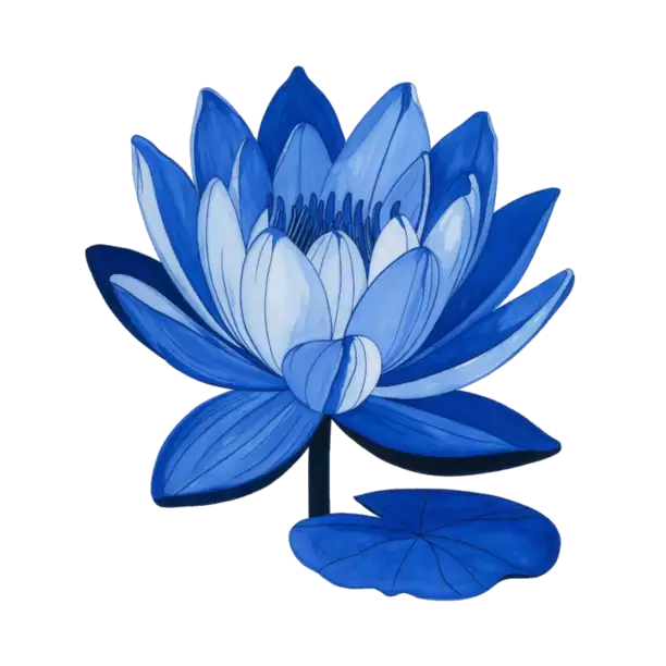 Illustration d'une fleur de lotus d'un bleu &eacute;clatant, aux p&eacute;tales superpos&eacute;s et orn&eacute;e d'une seule feuille ronde sur fond noir, qui d&eacute;gage une impression de tranquillit&eacute; et d'&eacute;l&eacute;gance.