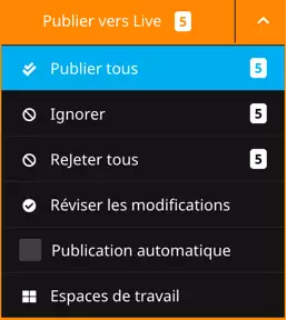 Menu déroulant de Neos CMS permettant de gérer les modifications dans l'espace de travail de l'utilisateur connecté.