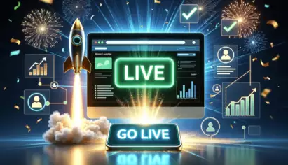 A vibrant digital scene features a glowing computer screen displaying "LIVE," a rocket launch, fireworks, charts, and confetti, conveying excitement and success.